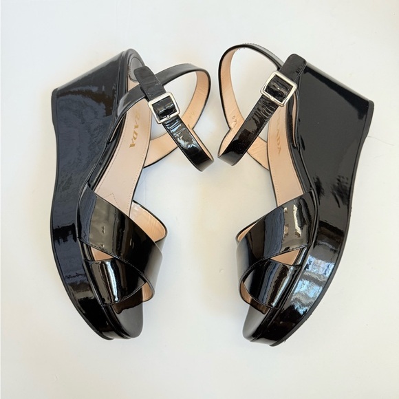 Prada Black Patent leather Wedge peep toe Criss cross sandals EU 40 - Picture 3 of 8